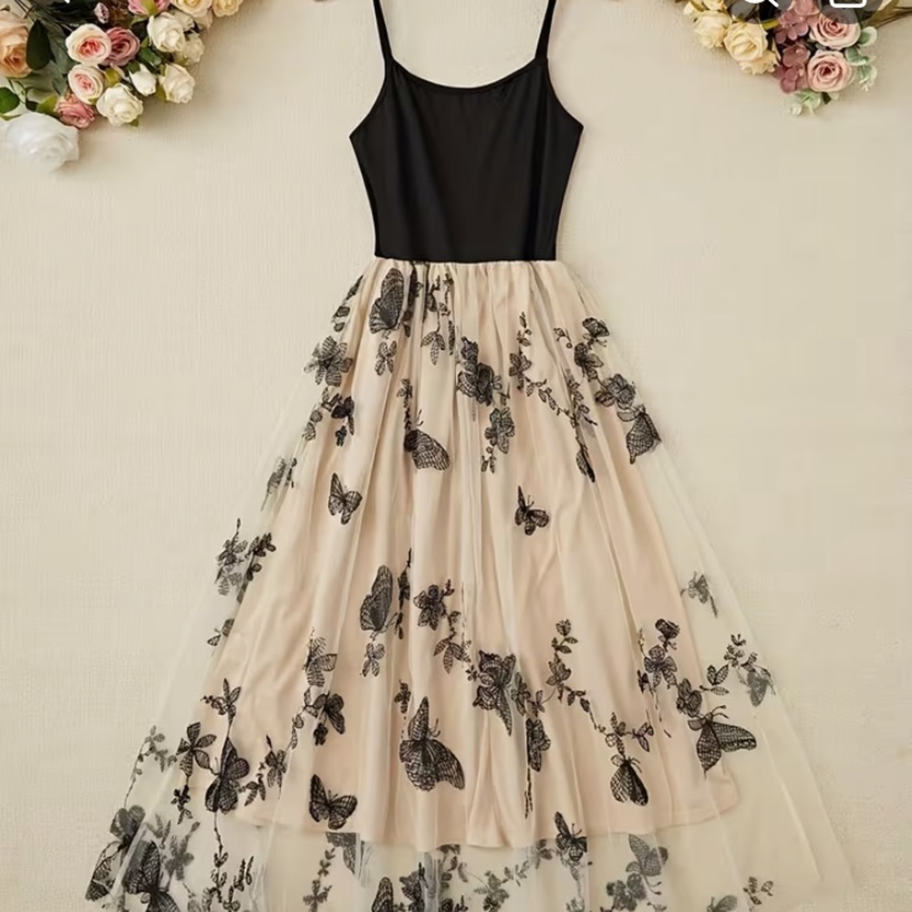 Black & Nude Butterfly Embroidered Tulle Midi Dress